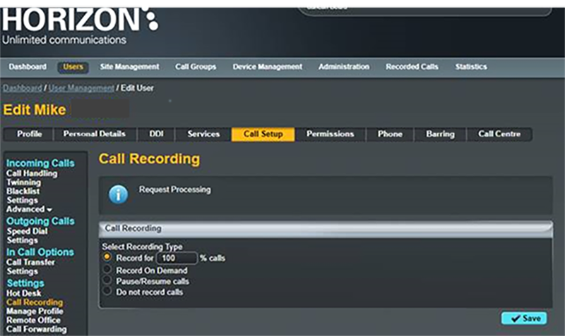 Horizon Hosted Voice call recording for trio Telecom